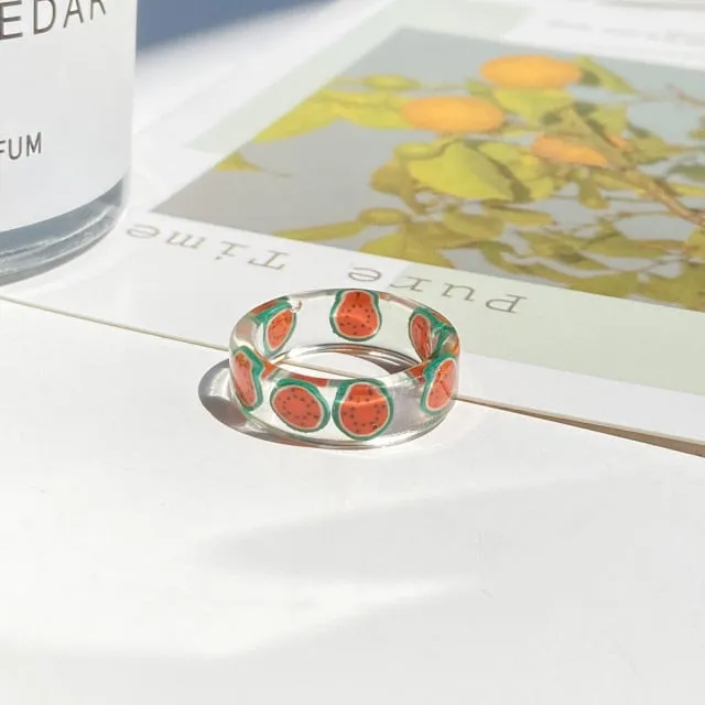 2021 Korea Colorful Fashion Resin Fruit Ring Set Metal Geometric Irregular Open Rings for Women Party Wedding Jewelry Ring Set