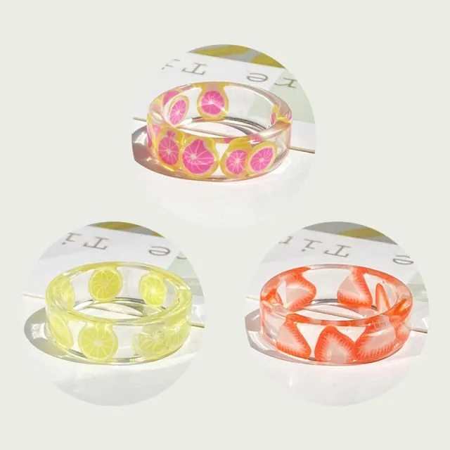 2021 Korea Colorful Fashion Resin Fruit Ring Set Metal Geometric Irregular Open Rings for Women Party Wedding Jewelry Ring Set
