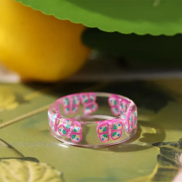 2021 Korea Colorful Fashion Resin Fruit Ring Set Metal Geometric Irregular Open Rings for Women Party Wedding Jewelry Ring Set