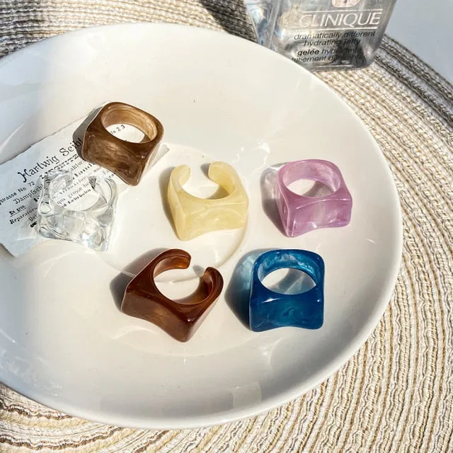 2021 Korea Colorful Fashion Resin Fruit Ring Set Metal Geometric Irregular Open Rings for Women Party Wedding Jewelry Ring Set