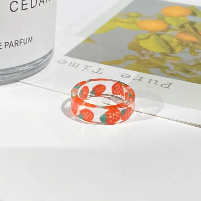2021 Korea Colorful Fashion Resin Fruit Ring Set Metal Geometric Irregular Open Rings for Women Party Wedding Jewelry Ring Set