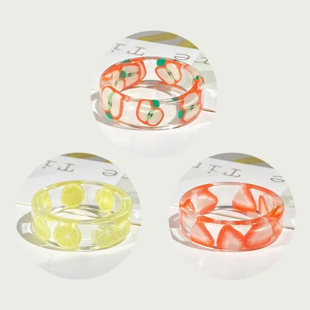 2021 Korea Colorful Fashion Resin Fruit Ring Set Metal Geometric Irregular Open Rings for Women Party Wedding Jewelry Ring Set