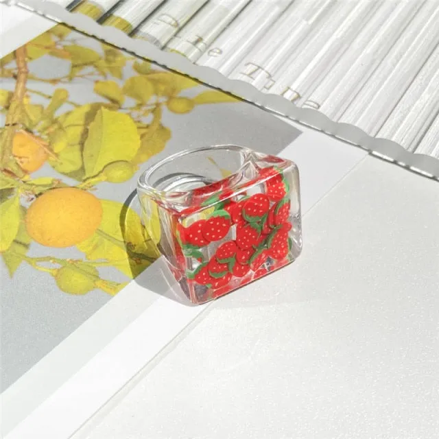 2021 Korea Colorful Fashion Resin Fruit Ring Set Metal Geometric Irregular Open Rings for Women Party Wedding Jewelry Ring Set