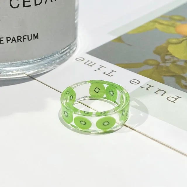 2021 Korea Colorful Fashion Resin Fruit Ring Set Metal Geometric Irregular Open Rings for Women Party Wedding Jewelry Ring Set