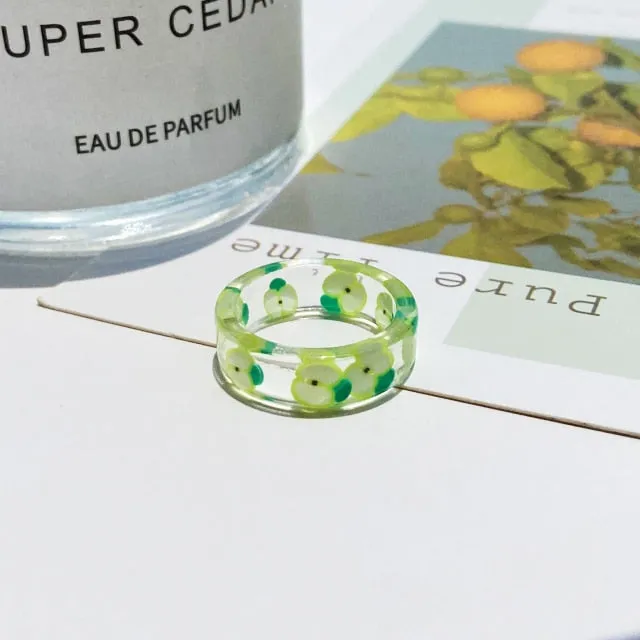 2021 Korea Colorful Fashion Resin Fruit Ring Set Metal Geometric Irregular Open Rings for Women Party Wedding Jewelry Ring Set