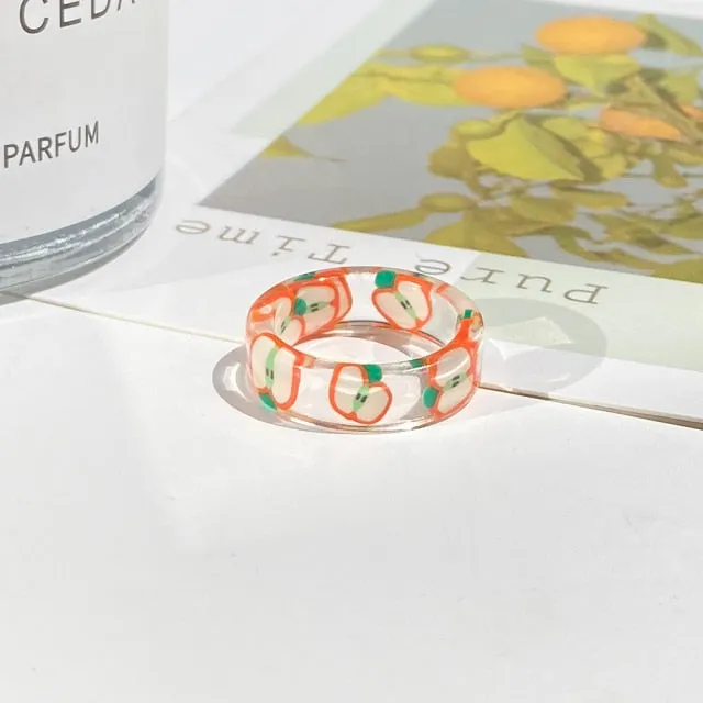2021 Korea Colorful Fashion Resin Fruit Ring Set Metal Geometric Irregular Open Rings for Women Party Wedding Jewelry Ring Set