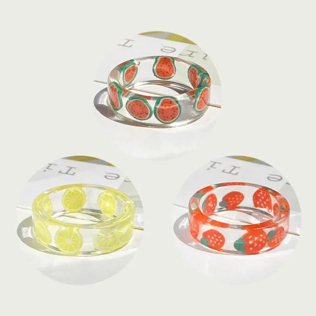 2021 Korea Colorful Fashion Resin Fruit Ring Set Metal Geometric Irregular Open Rings for Women Party Wedding Jewelry Ring Set