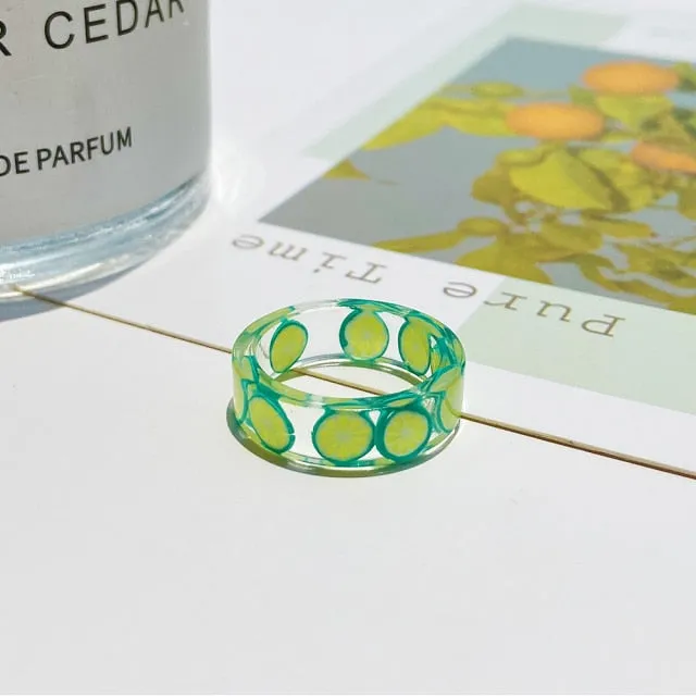 2021 Korea Colorful Fashion Resin Fruit Ring Set Metal Geometric Irregular Open Rings for Women Party Wedding Jewelry Ring Set