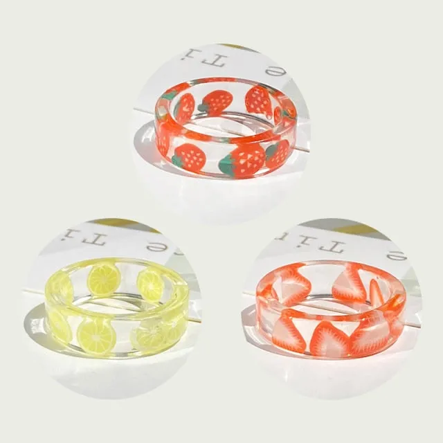 2021 Korea Colorful Fashion Resin Fruit Ring Set Metal Geometric Irregular Open Rings for Women Party Wedding Jewelry Ring Set