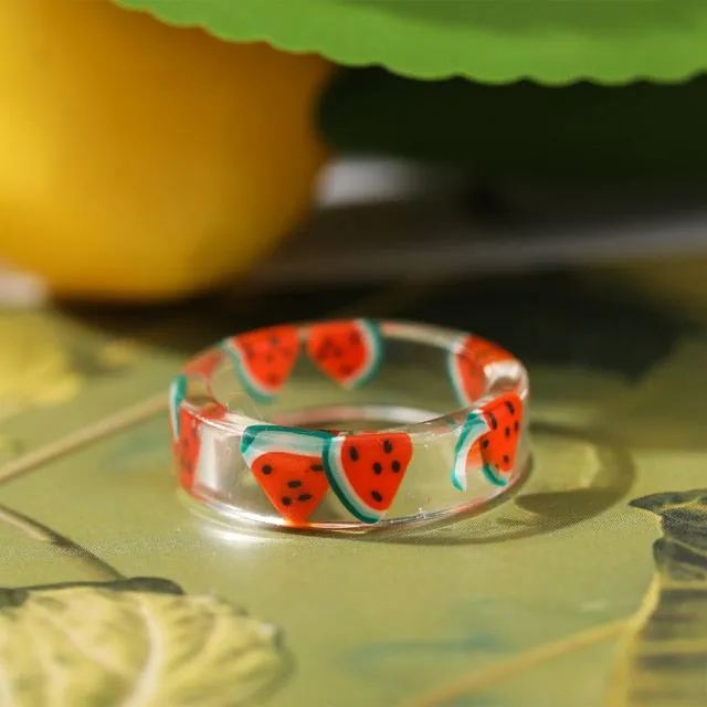 2021 Korea Colorful Fashion Resin Fruit Ring Set Metal Geometric Irregular Open Rings for Women Party Wedding Jewelry Ring Set
