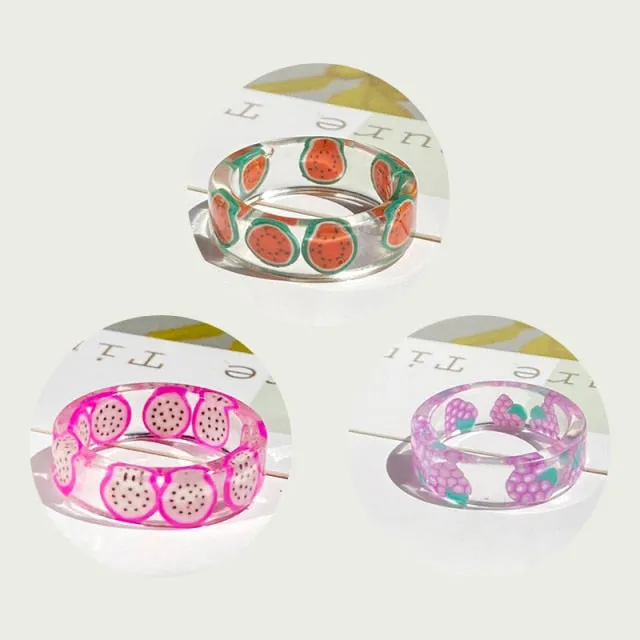 2021 Korea Colorful Fashion Resin Fruit Ring Set Metal Geometric Irregular Open Rings for Women Party Wedding Jewelry Ring Set
