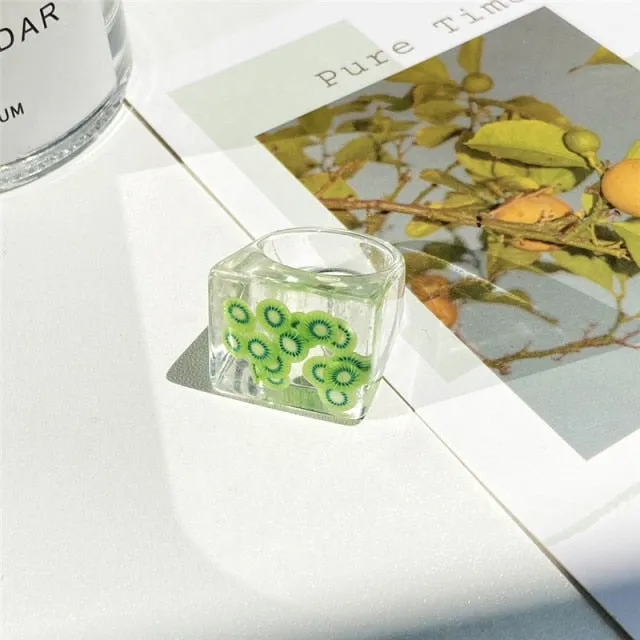 2021 Korea Colorful Fashion Resin Fruit Ring Set Metal Geometric Irregular Open Rings for Women Party Wedding Jewelry Ring Set