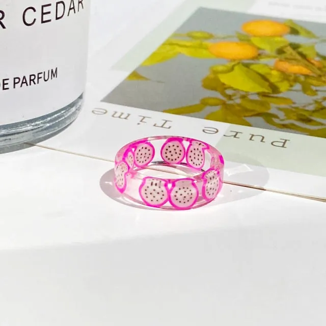 2021 Korea Colorful Fashion Resin Fruit Ring Set Metal Geometric Irregular Open Rings for Women Party Wedding Jewelry Ring Set