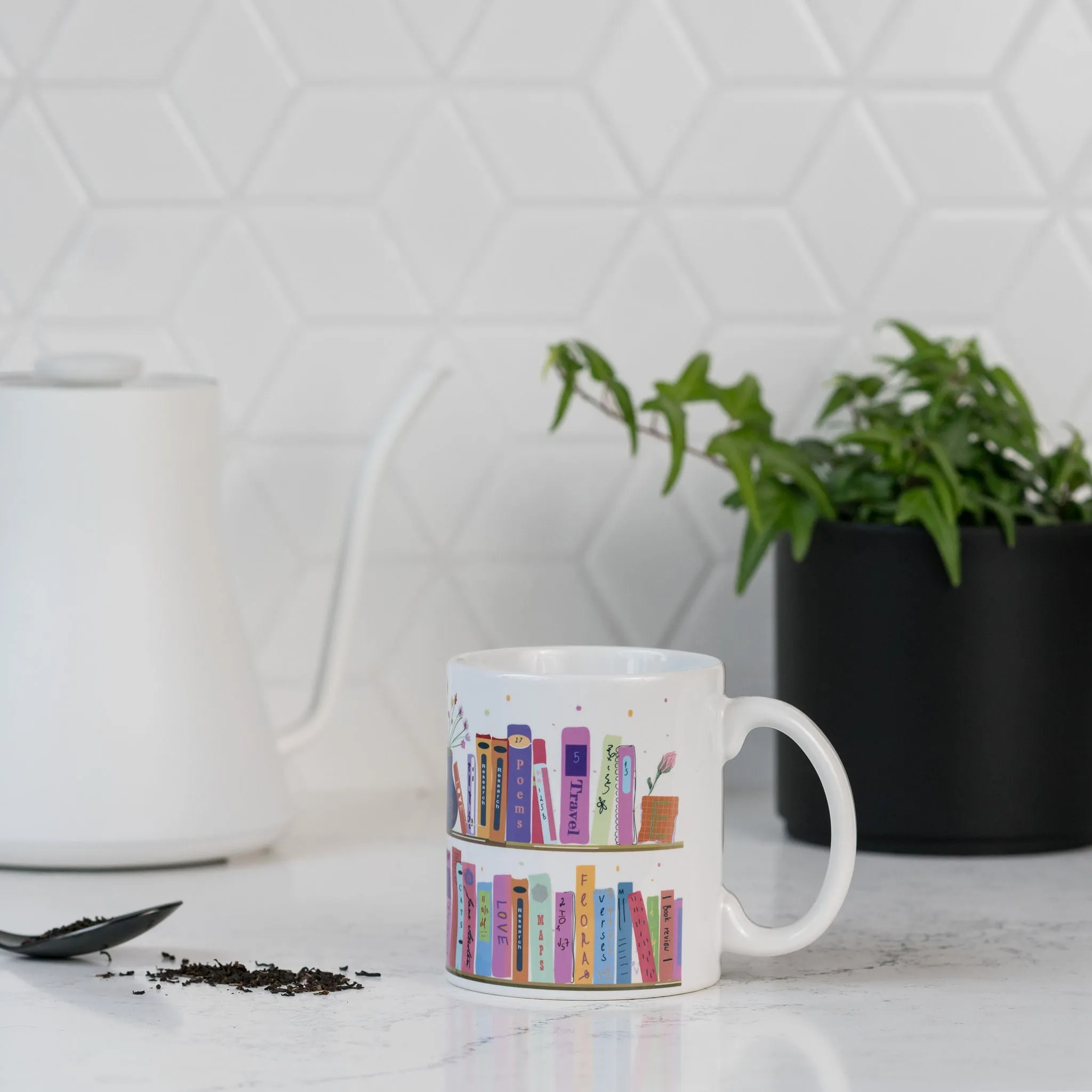 Colorful Book Shelf 11 ounce Ceramic Mug for Book Lovers