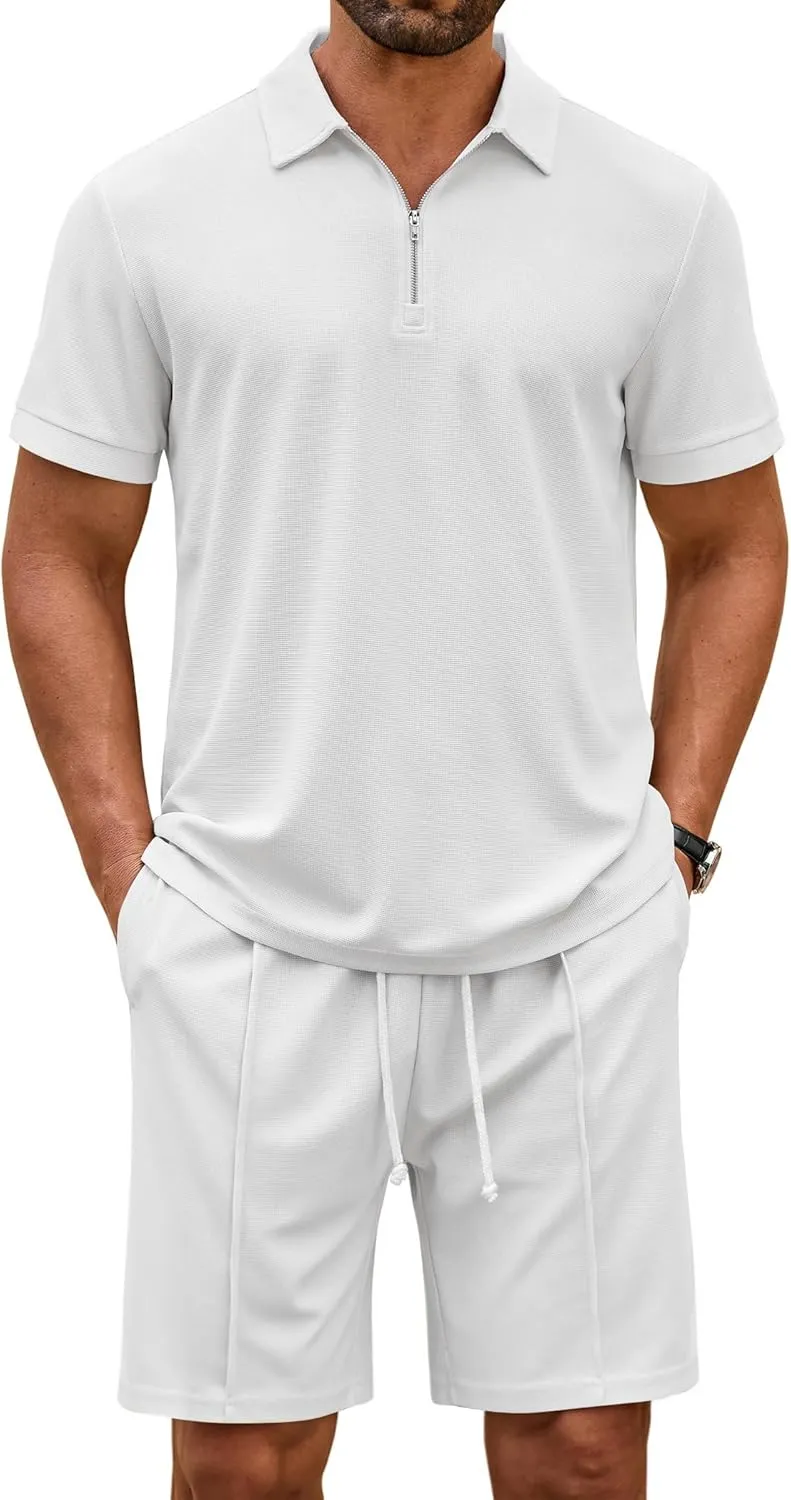 COOFANDY Men's Track Suits 2 Piece Set Quarter Zip Polo Shirt and Shorts Set Summer Casual Outfits