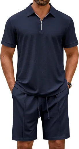 COOFANDY Men's Track Suits 2 Piece Set Quarter Zip Polo Shirt and Shorts Set Summer Casual Outfits