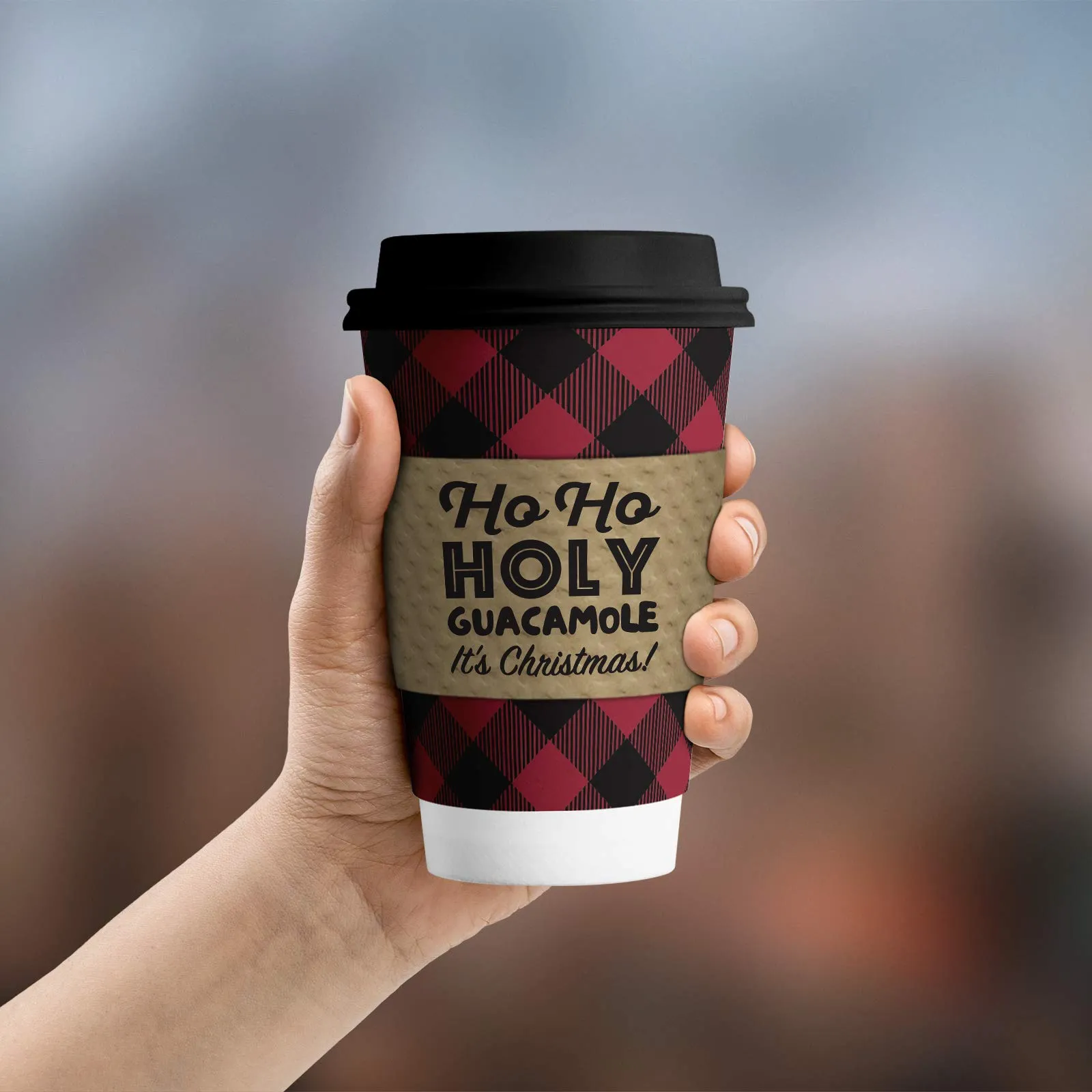Disposable Coffee or Hot Chocolate Cups - Buffalo Plaid, 12-ct with Holiday Kraft Sleeves