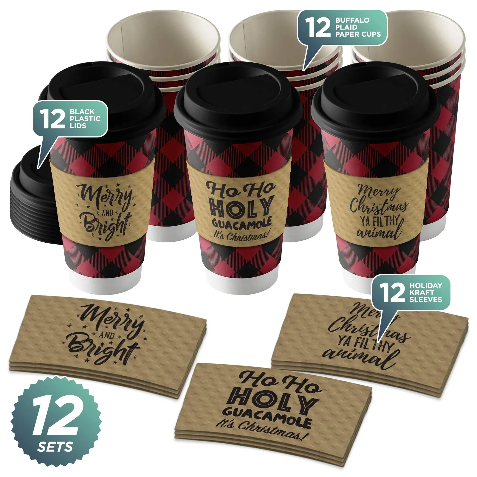 Disposable Coffee or Hot Chocolate Cups - Buffalo Plaid, 12-ct with Holiday Kraft Sleeves