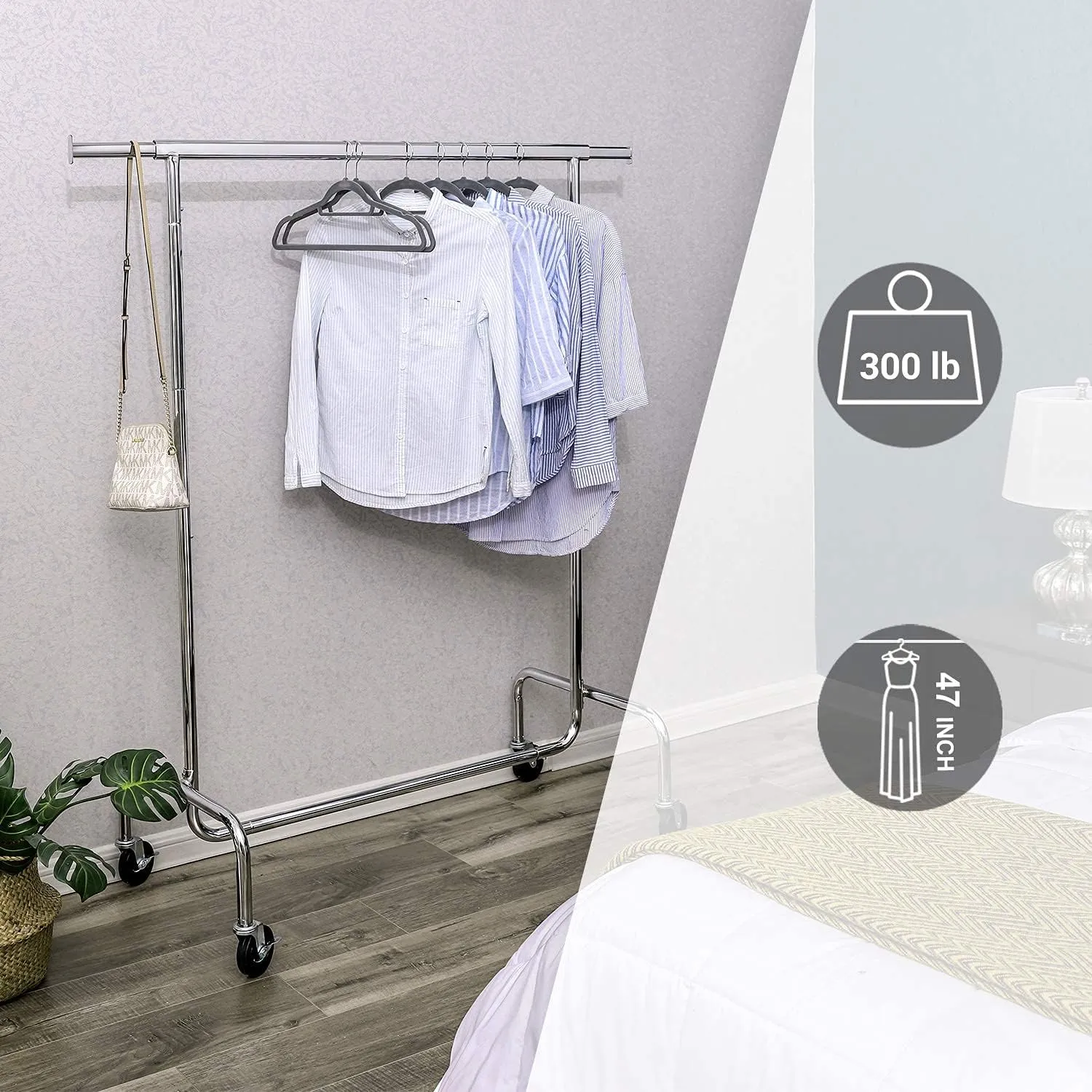 Heavy Duty Extendable Clothes Rack on Wheels, Chrome - SONGMICS