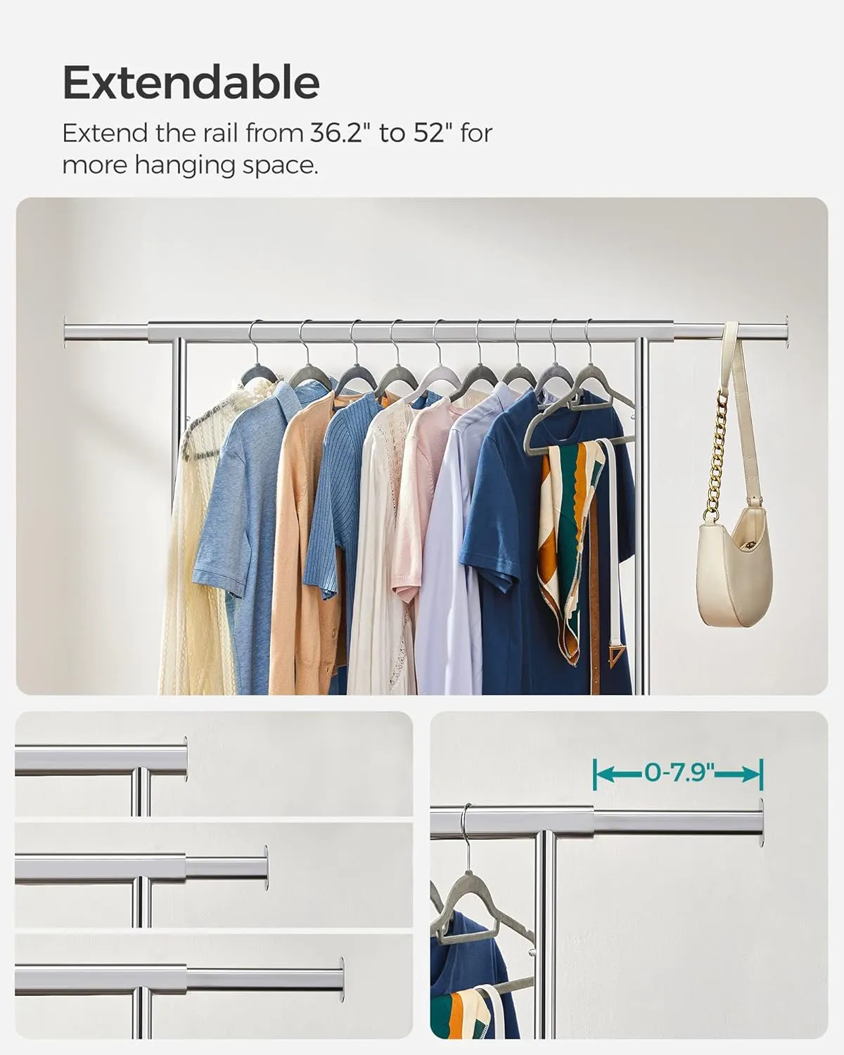 Heavy Duty Extendable Clothes Rack on Wheels, Chrome - SONGMICS