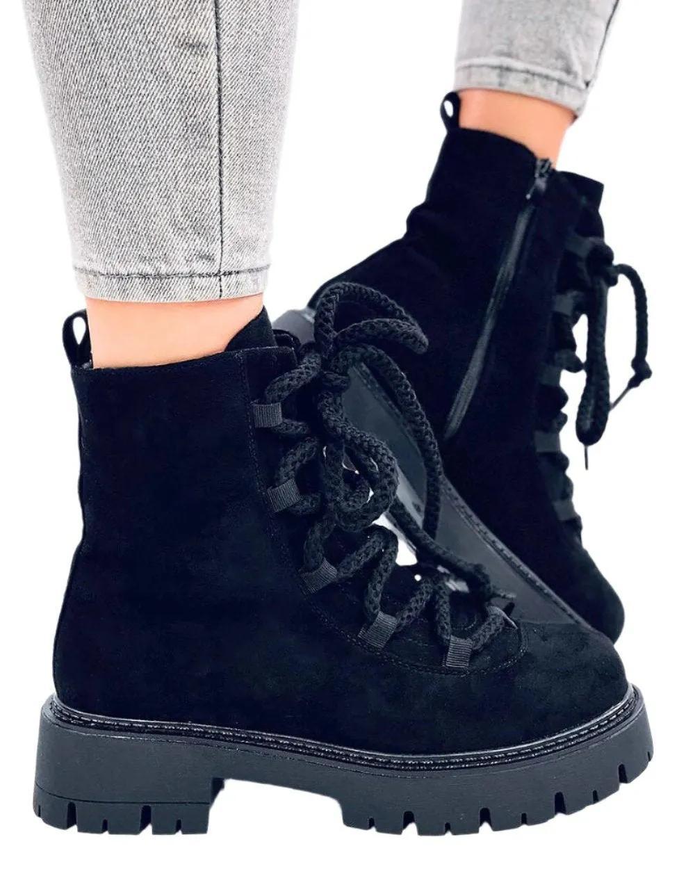 TEEK - Black Thick Rope Lace Suede Touch Boots