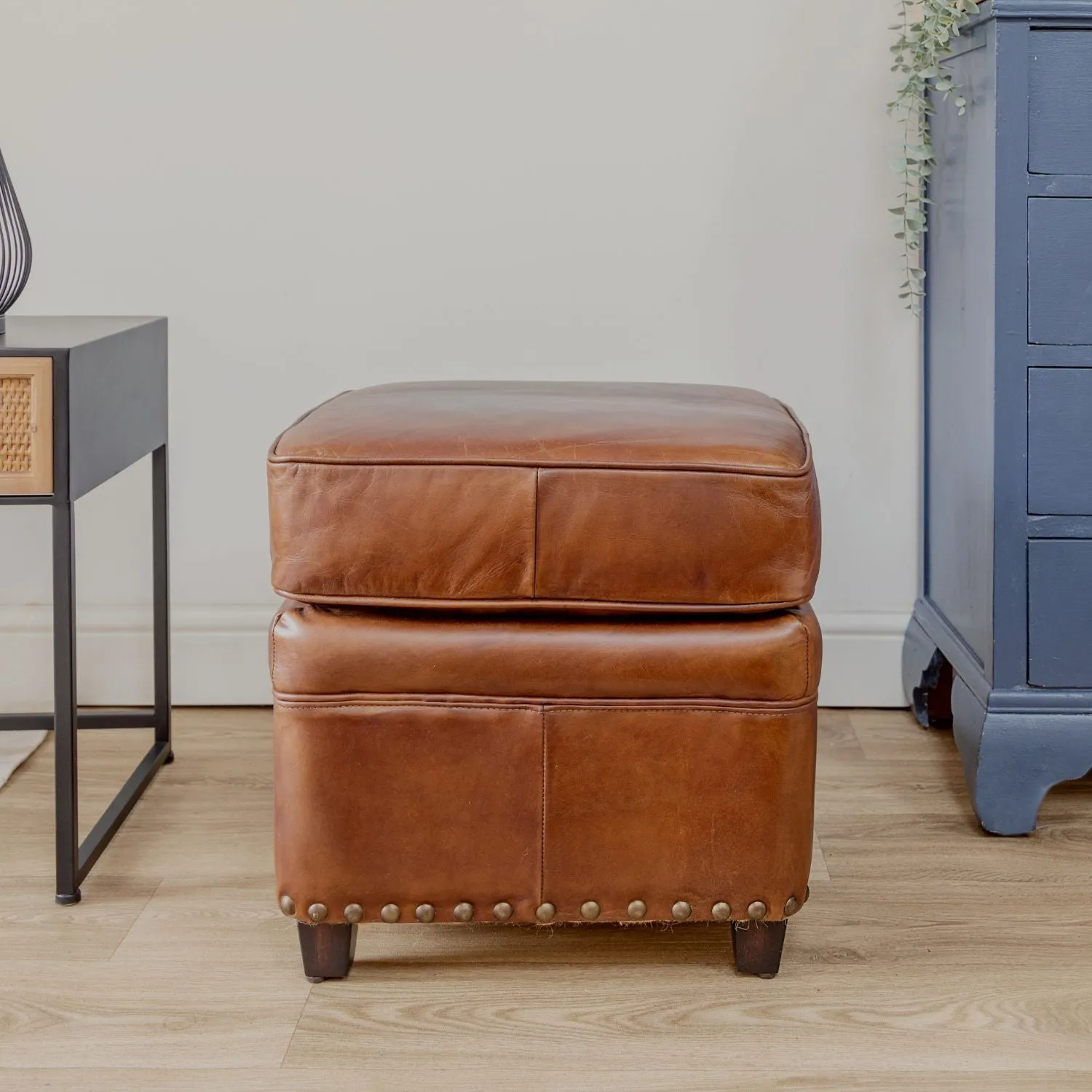 Vintage Brown Leather Footstool
